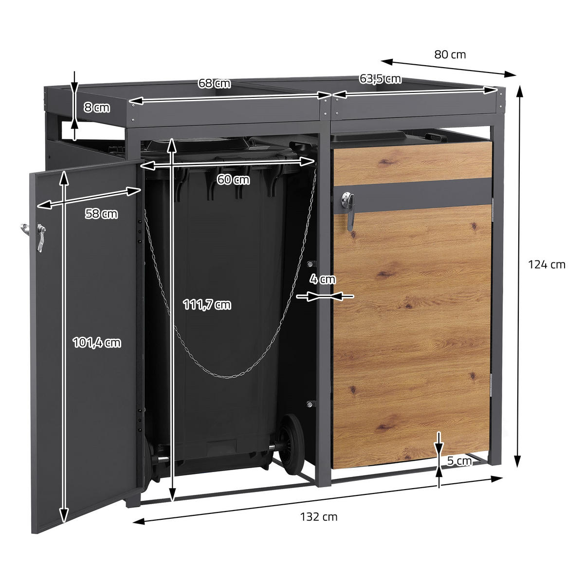 SADA 4 popelnic s rostlinnou střechou, antracitová barva s dřevěným vzhledem - hnědá, kov (264/124/80cm) - ML-DESIGN