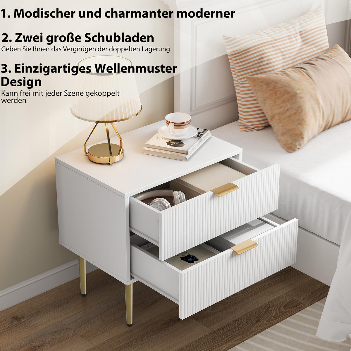 NACHTTISCH 53/41,5 cm Weiß aus MDF und Spanplatte mit 2 Schubladen - Weiß, Holzwerkstoff (53/52.5/41.3cm) - OKMYHOME