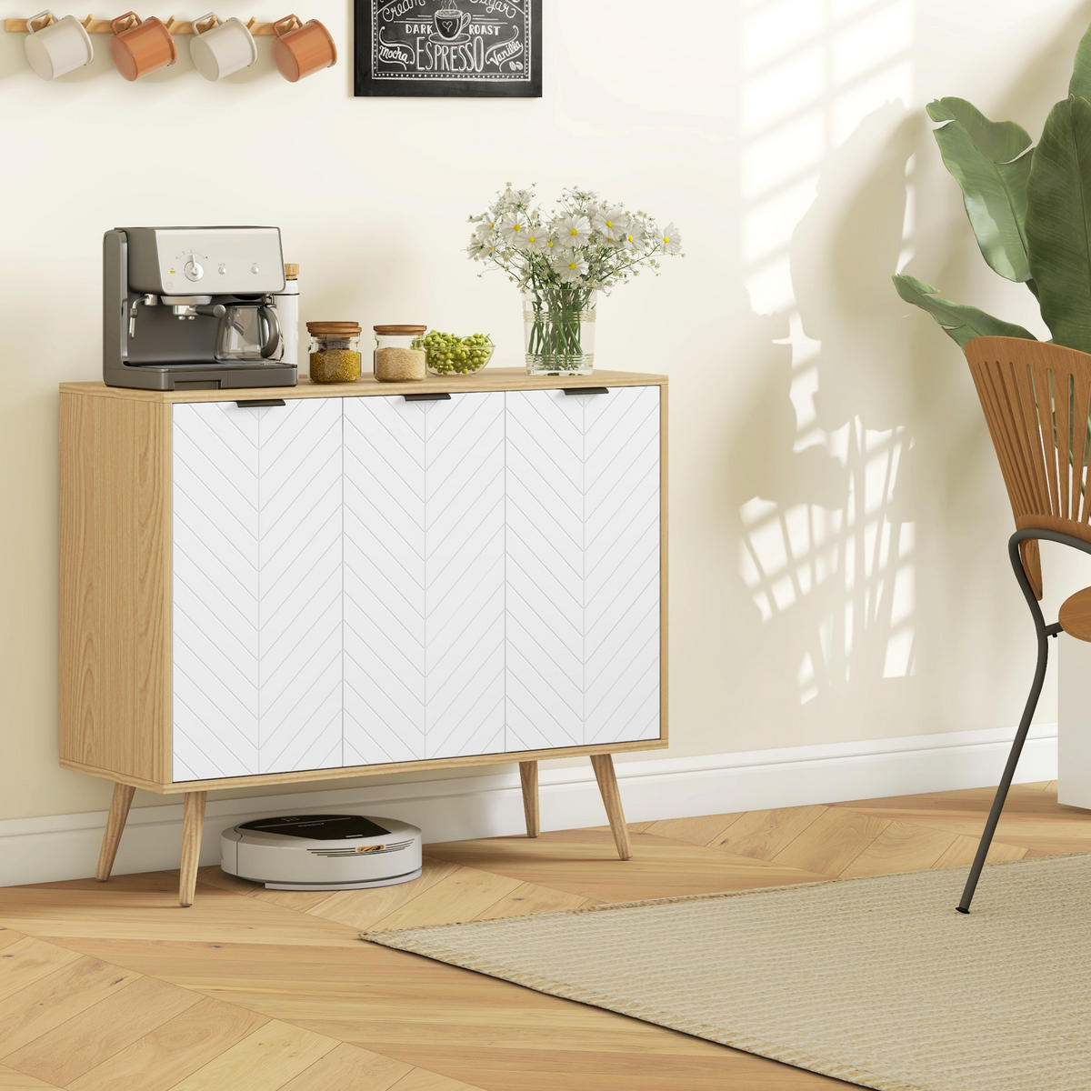 SIDEBOARD DE-11148 Chevron-Muster, 2 Türen Naturholz - Naturfarben, Holzwerkstoff (91.5/77.4/35cm) - ComfortXL