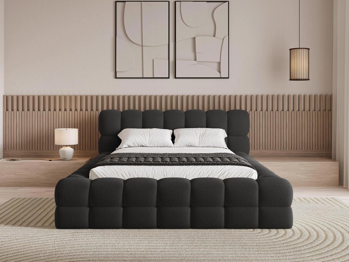 POLSTERBETT Verona 140x200 cm mit stabilem Metallrahmen, Bettkasten, Lattenrost und markantem Kopfteil - Bouclé Schwarz - Schwarz, Textil/Metall (140/200cm) - Chilly