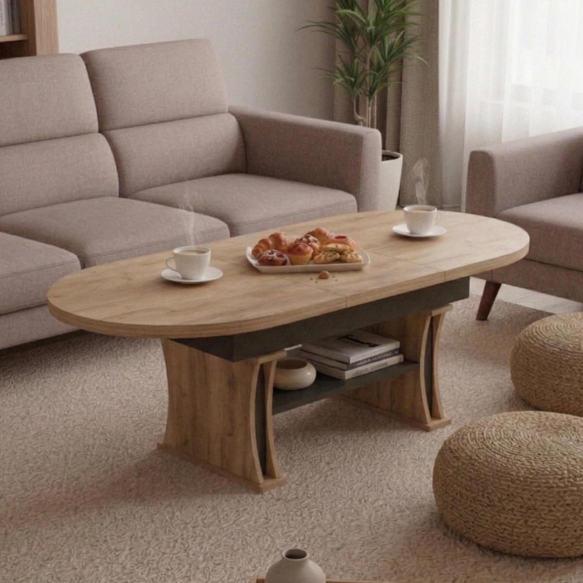 COUCHTISCH oval ausziehbar höhenverstellbar Ablage 130/80/60 cm - Eichefarben/Schwarz, Holzwerkstoff (80/130/60cm) - designimpex