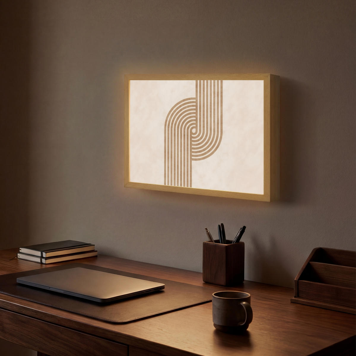 NÁSTĚNNÁ LAMPA S AKUMULÁTOREM Symetrický ohyb - měděná barva 40x30 cm - béžová, kompozitní dřevo (40/30/8cm) - OnlyWow