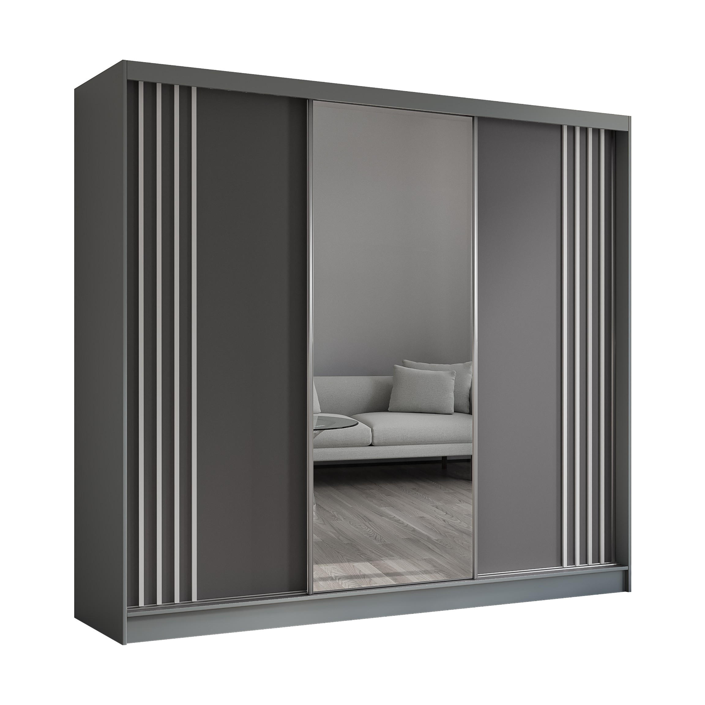 SCHWEBETÜRENSCHRANK Neli 240 cm mit Lamellen und Spiegel 3-türig, grau, grau, Lamelle weiß - Weiß/Grau, Kunststoff (240/216/61cm) - Margaret Hadas24