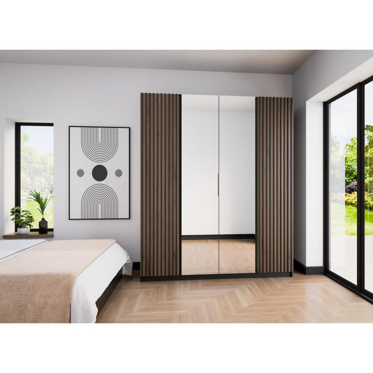 DREHTÜRENSCHRANK Kaya 200/62/239 4-Türig mit zwei Spiegel - Eichefarben/Schwarz, Holzwerkstoff (200/239/62cm) - Beautysofa