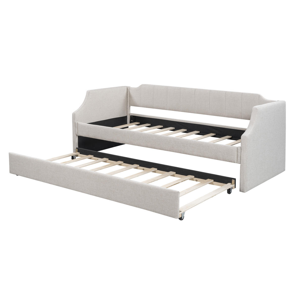 SCHLAFSOFA 90/200 cm & 90/190 cm in Beige Leinen mit Rollbett - Beige, Holzwerkstoff/Textil (90/200cm) - WISHDOR
