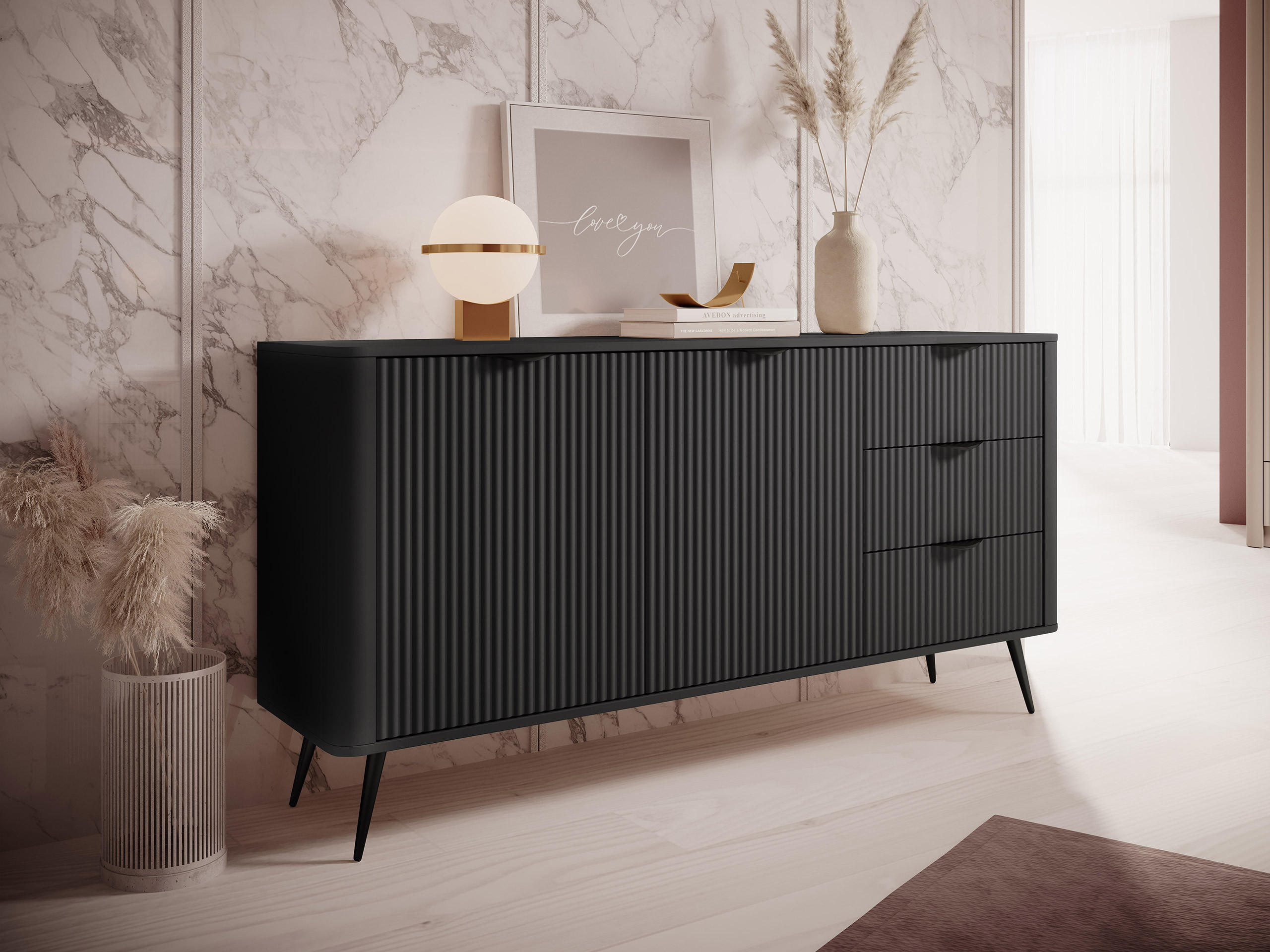 KOMBIKOMMODE Lante 2D3S - Dunkelgrau/Schwarz, Holzwerkstoff/Metall (164/82/38cm) - MIRJAN24