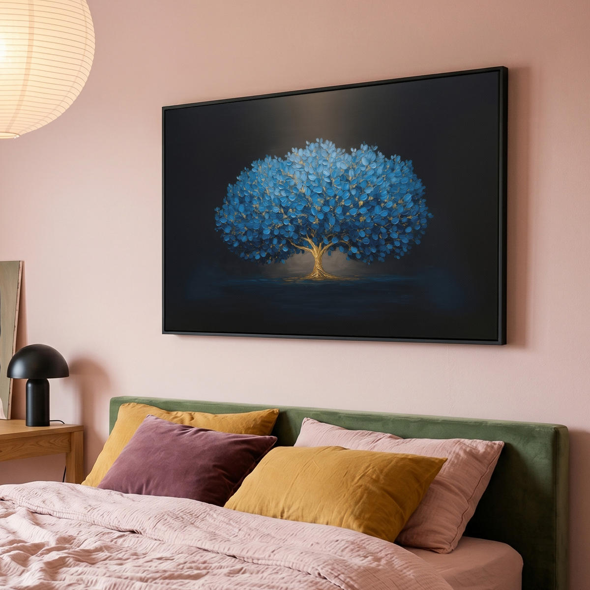 LEINWAND Bilder mit Rahmen - Baum - Blau - Blätter - Pinselstriche - 140x90 - Blau, Textil (140/90cm) - MuchoWow
