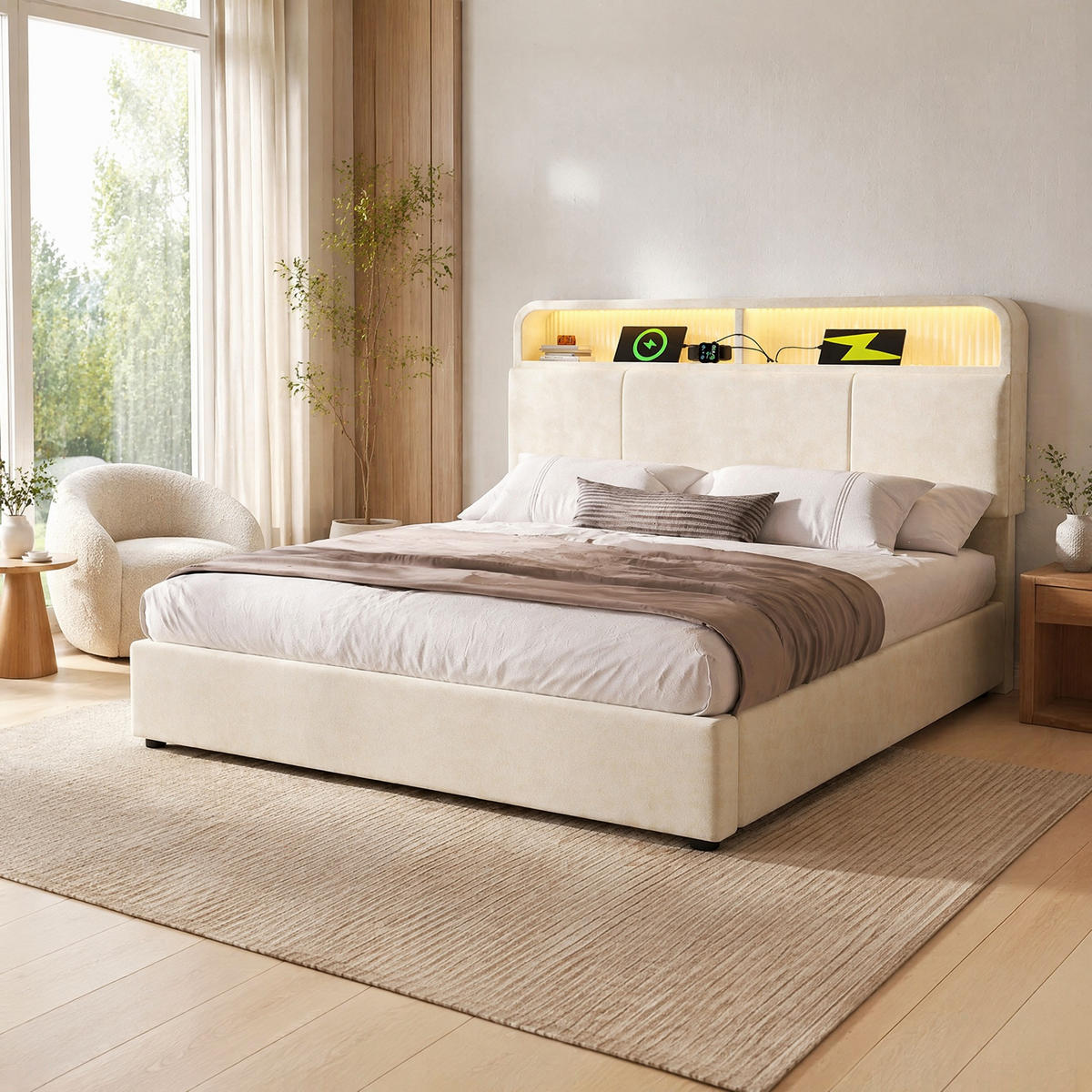 POLSTERBETT 140/190 cm in Beige Samt mit Bettkasten, LED und USB - Beige, Holzwerkstoff/Textil (140/190cm) - STILVORA