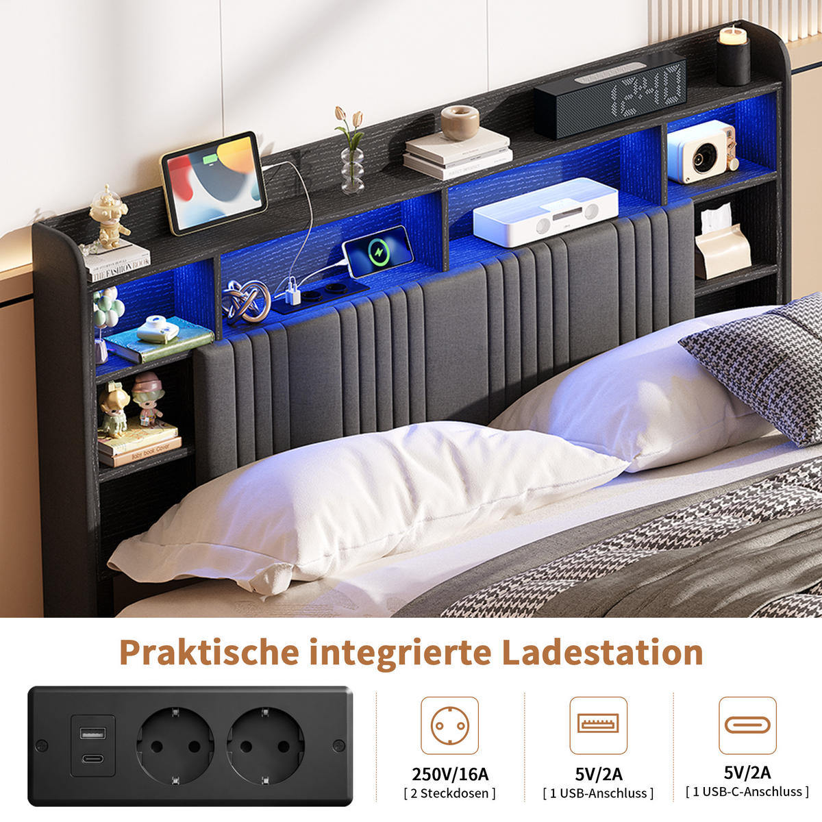 MODERNES POLSTERBETT 160x200 cm mit Stauraum, LED RGB und integrierter Ladestation – Dunkelgrau Leinen - Grau, Holz - SHOPENTRA