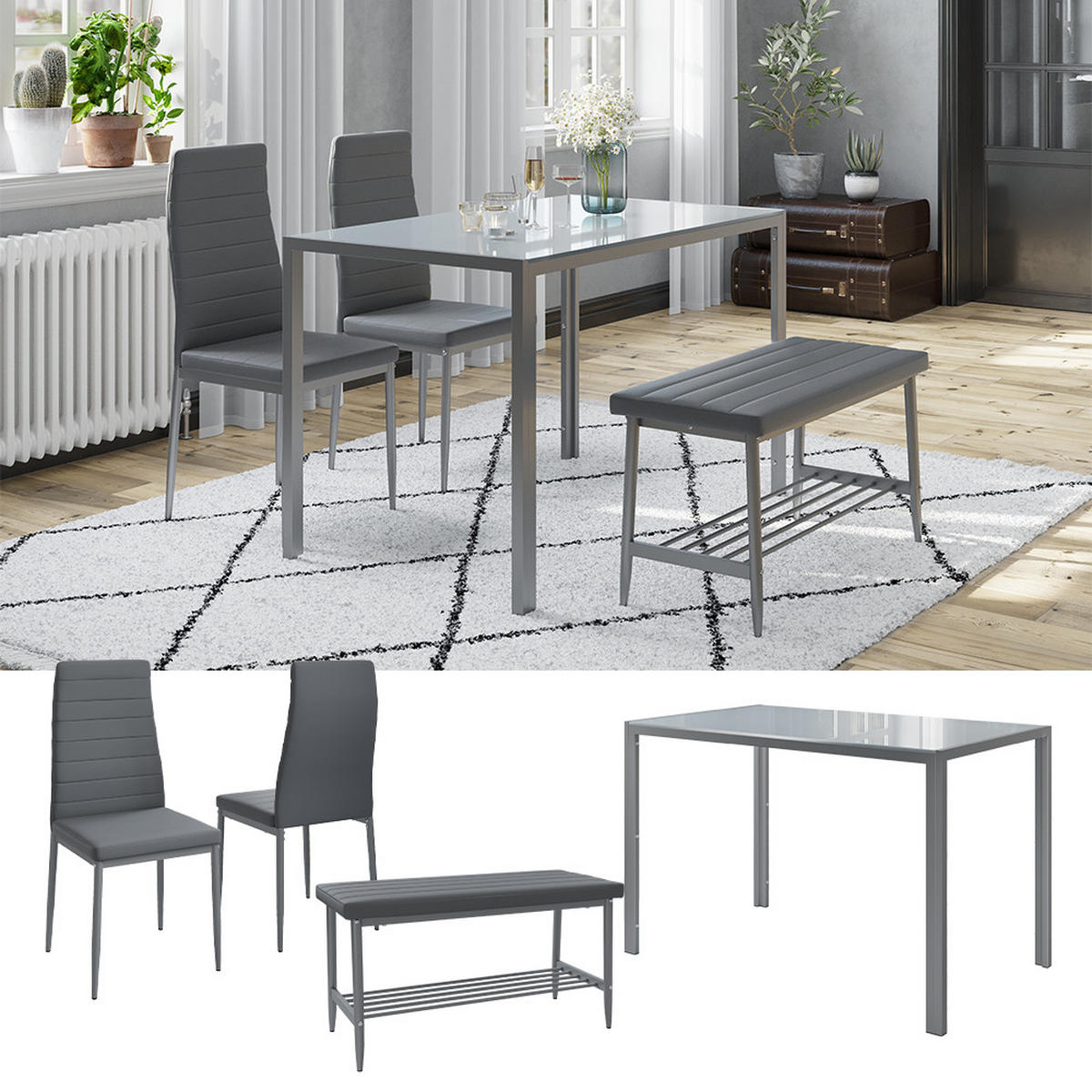 ESSTISCH-SET Grand Grau 120 x 70 cm 4-teiliges Set - Grau, Metall (120/75/70cm) - Vicco
