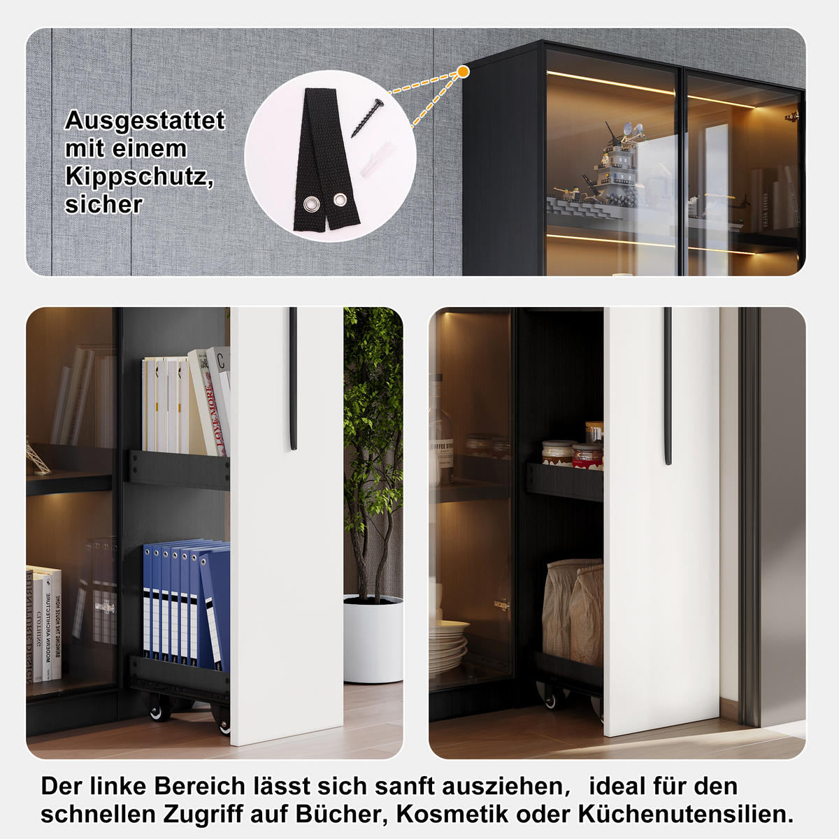VITRINE Schwarz-Weiß 110,5/35/160 cm - Schwarz, Holzwerkstoff (110.5/160/35cm) - PANGIVO