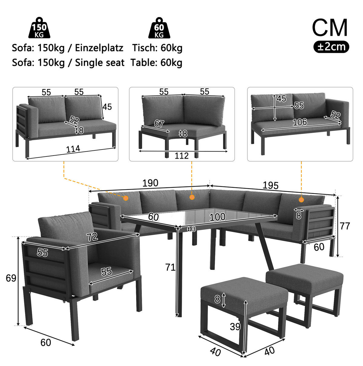 GARTENSETS aus Eisen 114x60x77cm Grau mit Sicherheitsglas-Coffeetable - Grau, Metall - Modfu