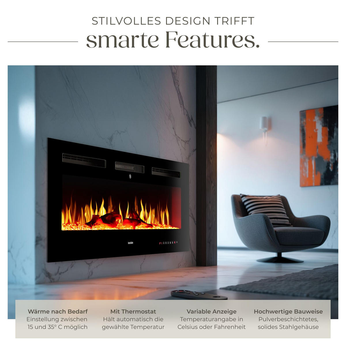 ELEKTRO-WANDKAMIN Luci, mit Fernbedienung und App-Steuerung, integriertes Thermostat, schwarz - Schwarz, Metall (127/43/12cm) - tectake