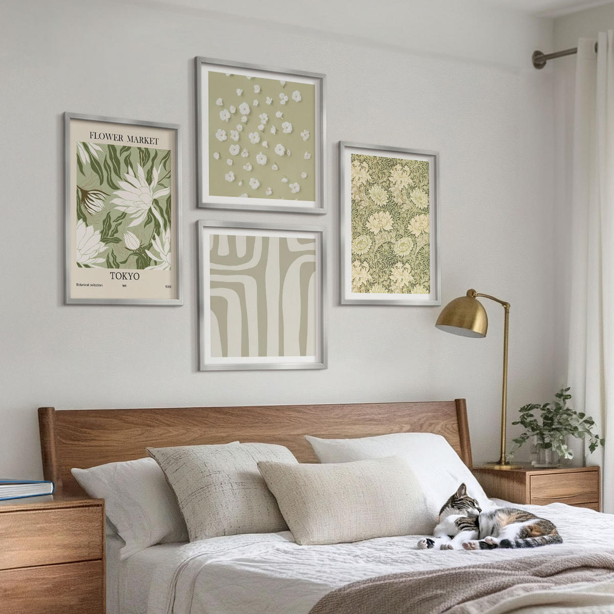 WANDBILDER 4er Set - 50x50 cm & 40x60 cm Silberner Rahmen - Boho-Pflanzenkompositionen in Pastellfarben - Silberfarben, Kunststoff (50/50cm) - ArtPrintCave