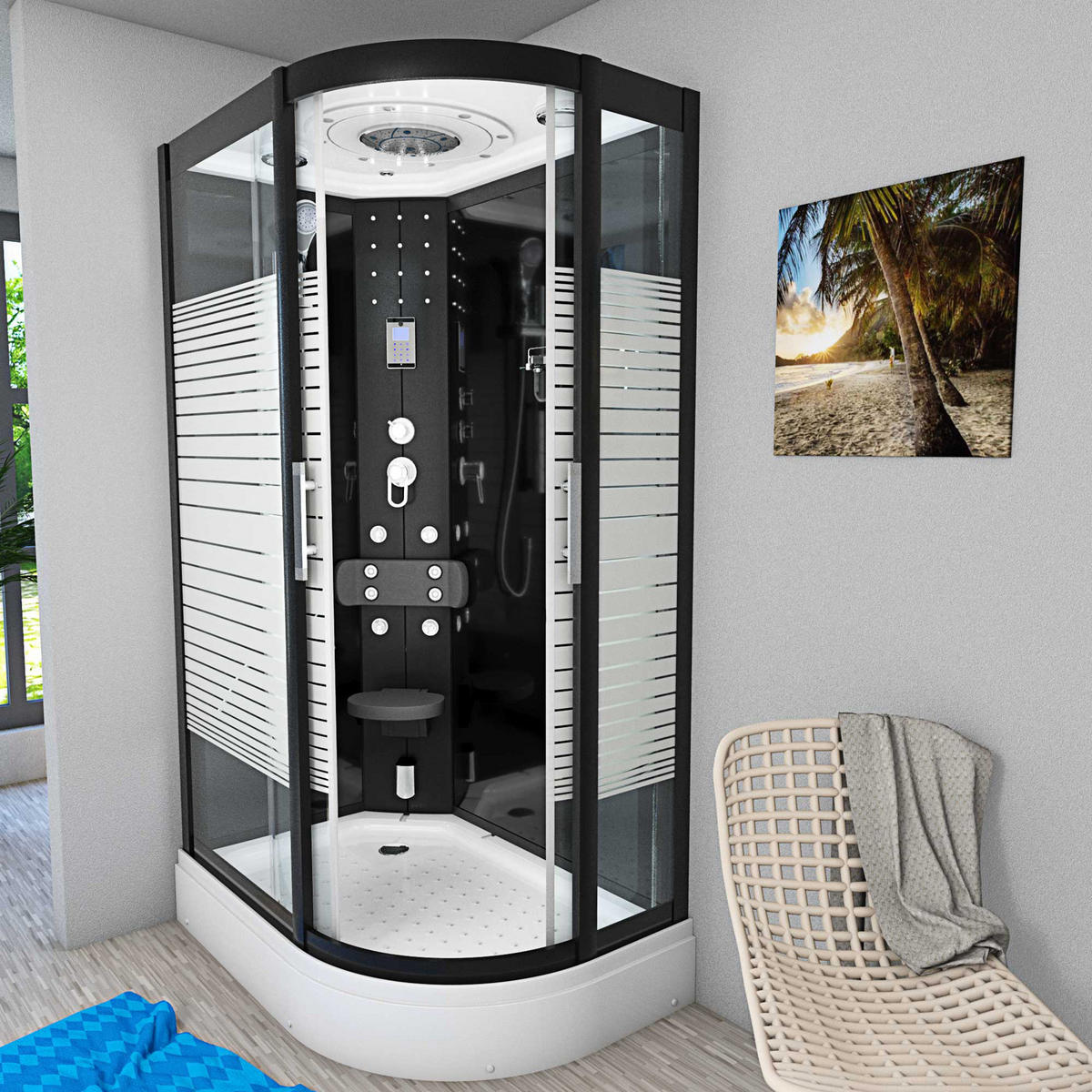 DAMPFDUSCHE Sauna Duschkabine D30-73M2R 80x120 cm - Schwarz, Glas/Kunststoff (80/120/215cm) - AcquaVapore by Sandra Jentho