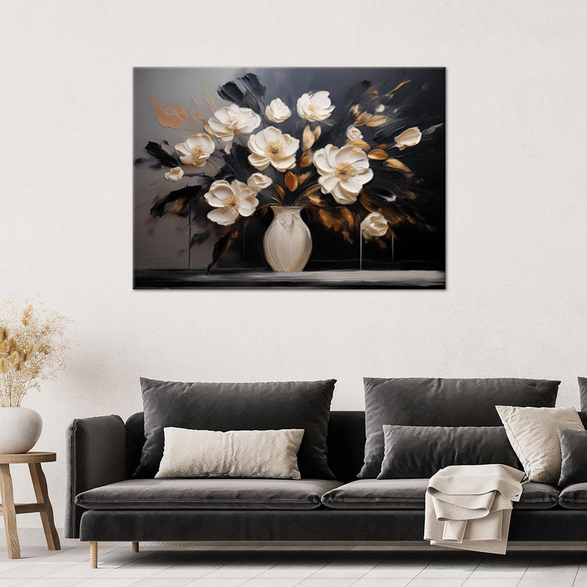 WANDBILD blumenstrauß in einer boho vase - Beige, Textil (60/40cm) - Feeby