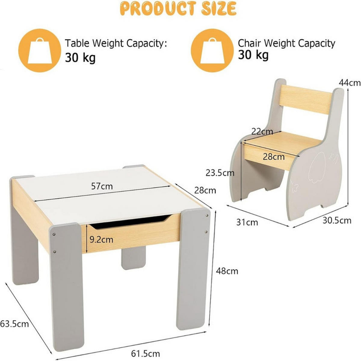 KINDERTISCH mit Stuhl grau(3-tlg) - Grau, Holzwerkstoff (63.5/48/61.5cm) - COSTWAY