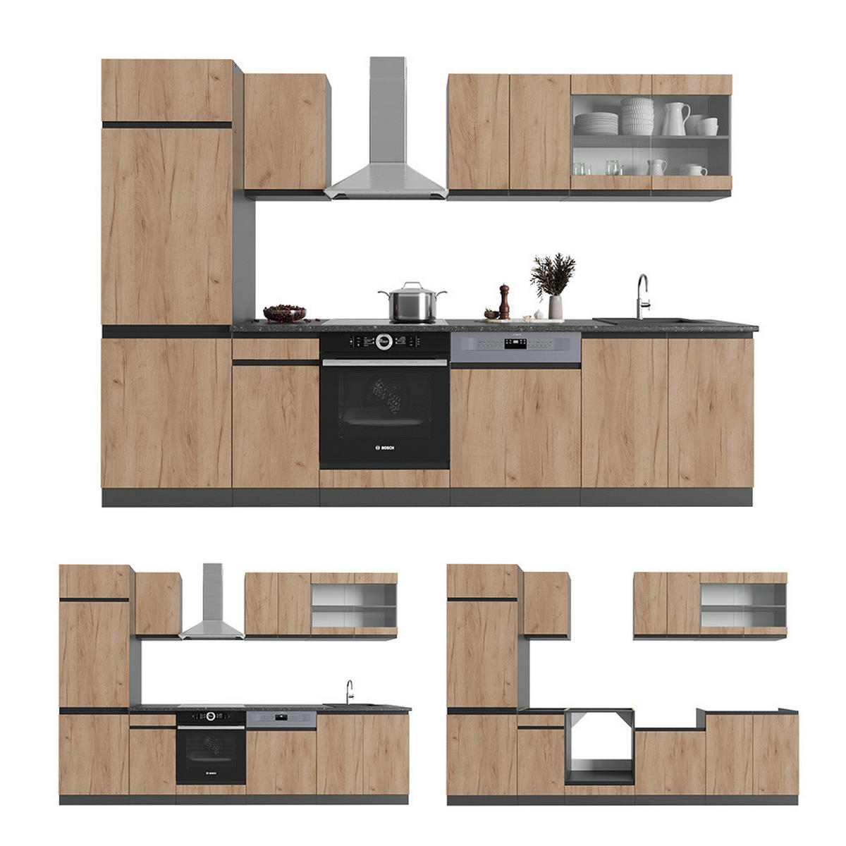KÜCHENZEILE R-Line Goldkraft Eiche/Anthrazit 300 cm J-Shape - Honigeiche/Anthrazit, Holzwerkstoff (300/81.6/46cm) - Vicco
