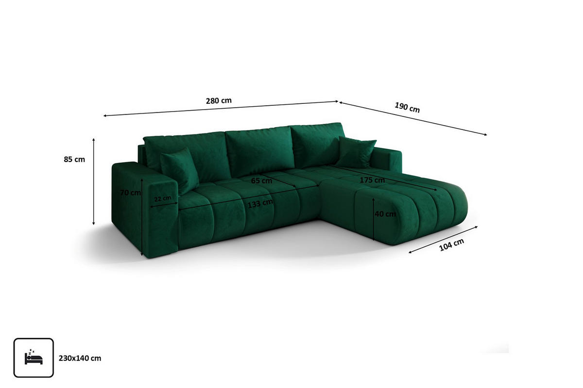 ECKSOFA mit schlaffunktion und bettkasten MILO PREMIUM, stoff MONOLITH, Grün, Rechts - Grün, Holz (280/190cm) - Kaiser Möbel