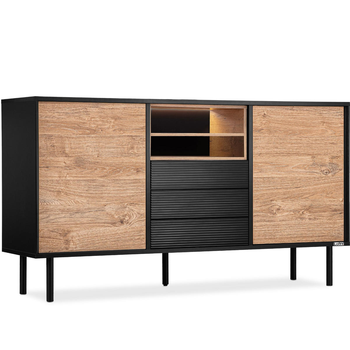 KOMMODE LOFTY TV/HiFi-Einlage, schwarz / Eiche natur - Eichefarben/Multicolor, Holzwerkstoff (151/84/41cm) - KONSIMO®