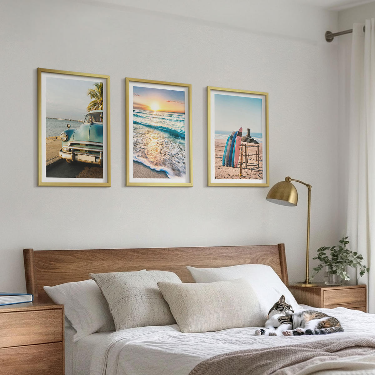 BILDER SET 3er Set - 40x60 cm Goldrahmen - Sonnenuntergangsurlaub in Miami - Goldfarben, Kunststoff (40/60cm) - TULUP
