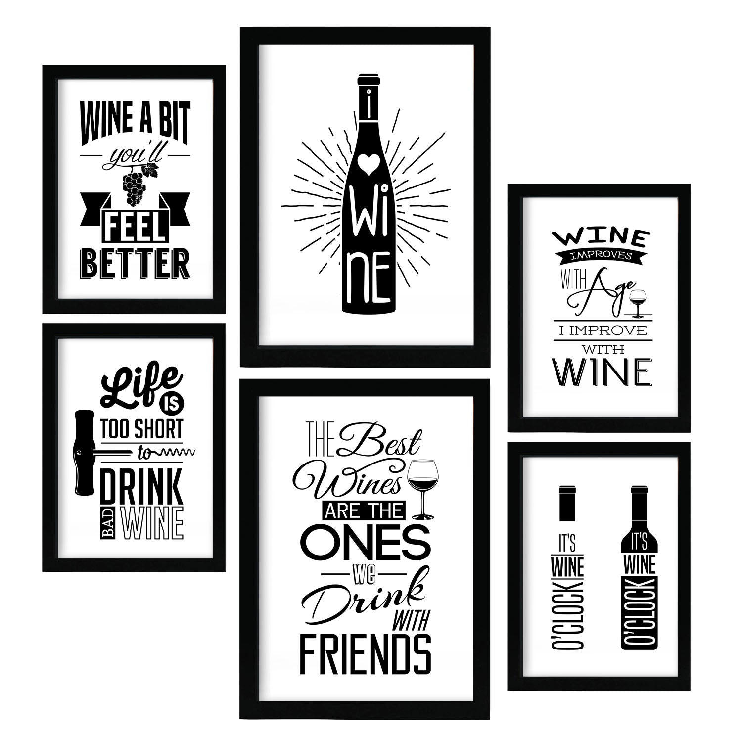 POSTER Set Mit 6 Wein Vollfarbige Illustrationen Von Kaffee & Getränken Im Werbetafel Illustrationen Für & Heim A3 & A4 Schwarzer Rahmen - Schwarz, Papier (29/3cm) - Nacnic