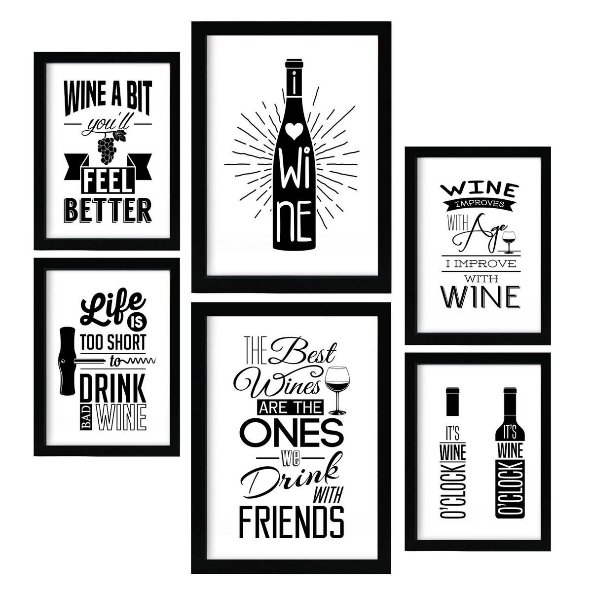 POSTER Set Mit 6 Wein Vollfarbige Illustrationen Von Kaffee & Getränken Im Werbetafel Illustrationen Für & Heim A3 & A4 Schwarzer Rahmen - Schwarz, Papier (29/3cm) - Nacnic