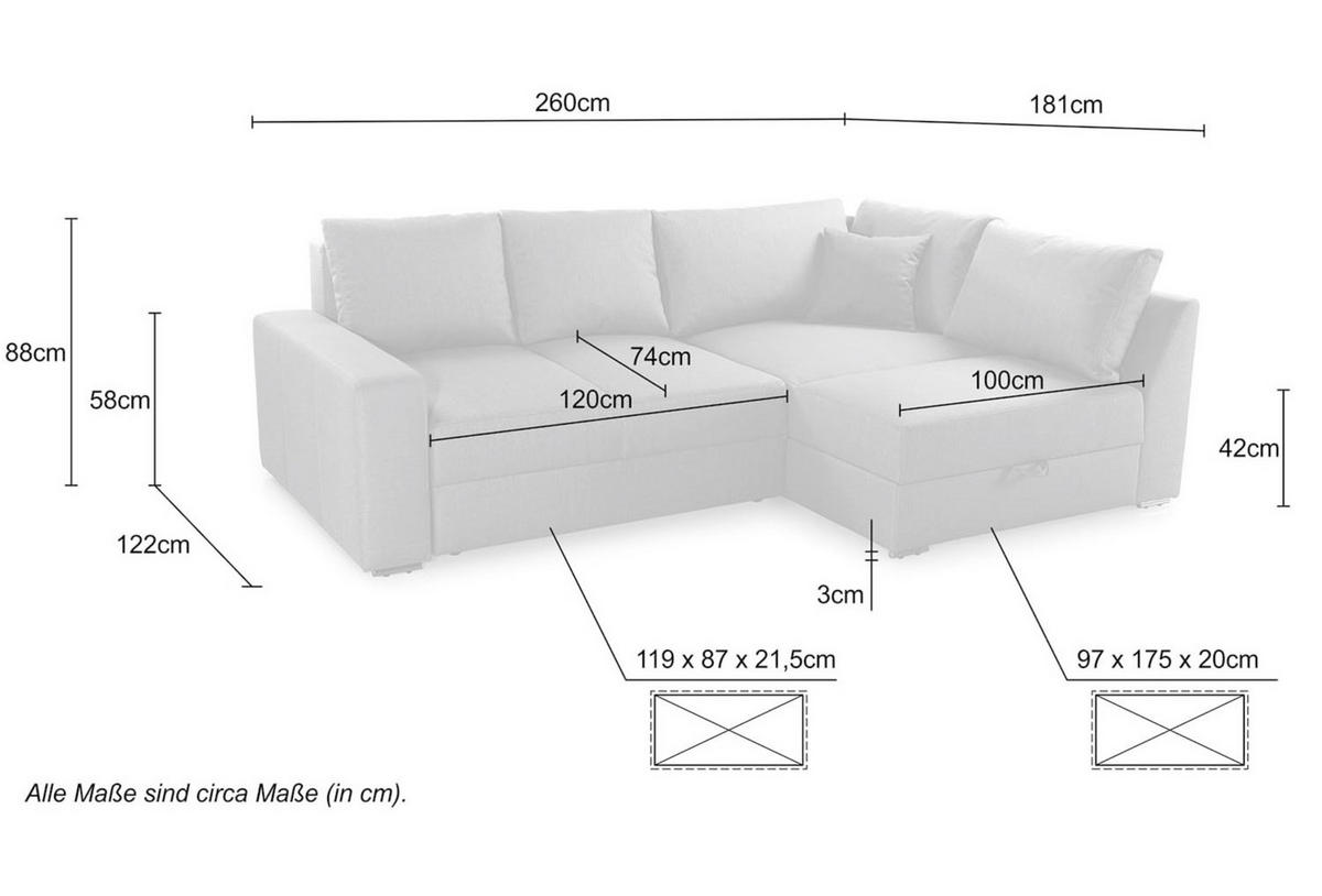 ECKSOFA-DAUERSCHLÄFER Boxspring Federkern Topper Bettkasten, seitenverkehrt montierbar B260/T181/H88 cm, Mikrofaser in Grau Anthrazit / 15107 - Chromfarben/Schieferfarben, Textil/Metall (260/181cm) - luma-home