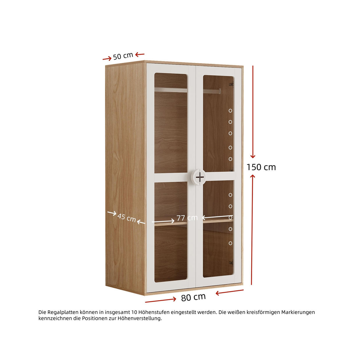 KINDERREGAL in Weiß und Naturfarben Kinderkleiderschrank mit Bügelstange für Schlafzimmer, B80/T50/H150cm - Weiß, Holzwerkstoff/Kunststoff (80/150/50cm) - STILVORA