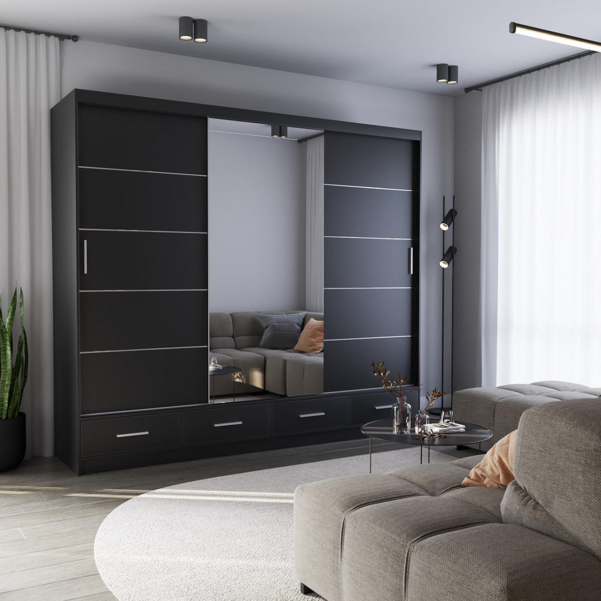 KLEIDERSCHRANK Florence 250 cm, 250/215/64, 2-türig, schwarz - Schwarz, Holzwerkstoff (250/215/64cm) - imoebel24