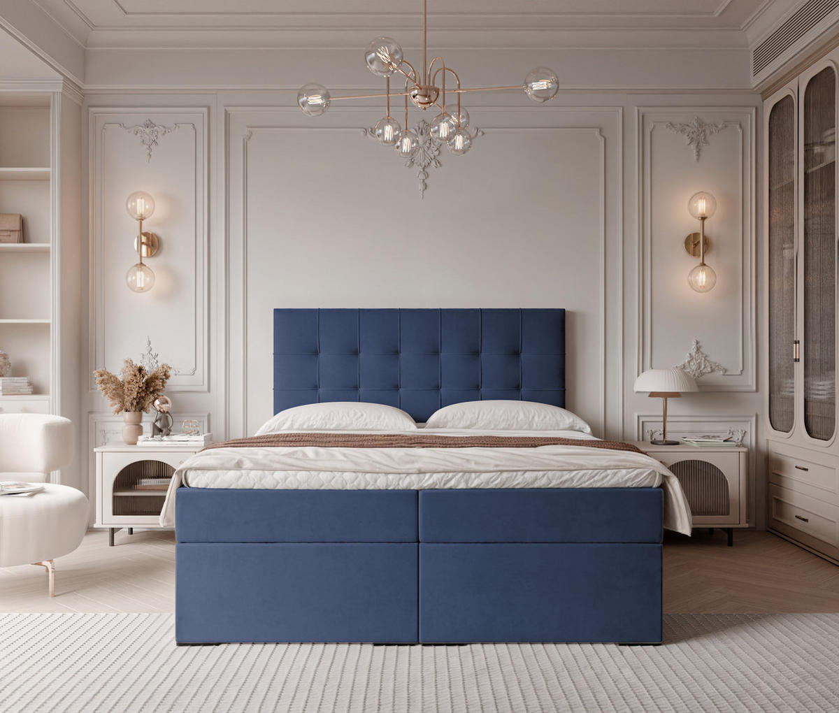 BOXBETT IMPERIAL 160/200 cm, in Marineblau, mit Matratze und Topper - Dunkelblau, Holzwerkstoff/Textil (160/200cm) - Idohome