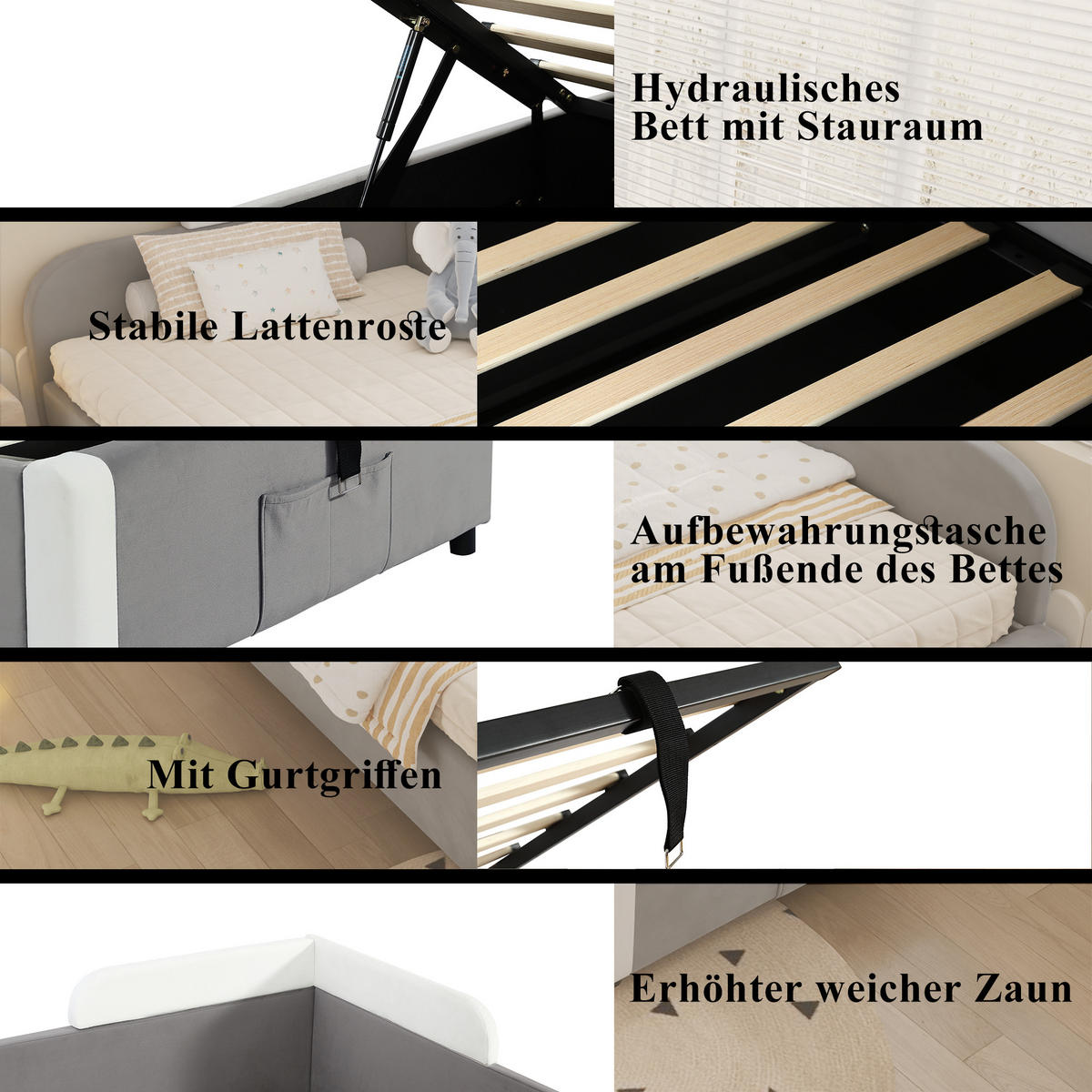 POLSTERBETT 90x200 cm Stauraum hydraulisch grau - Weiß, Textil (90/200cm) - LEBENLANG