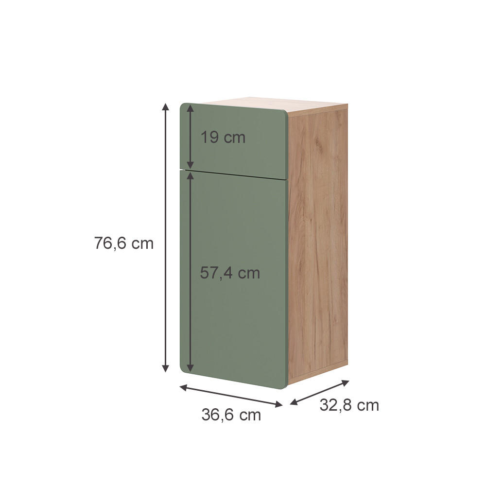 MIDISCHRANK Izan Goldkraft Eiche/Grün 36.6 x 76.6 cm mit Schublade und Tür - Honigeiche/Grün, Holzwerkstoff (36.6/76.6/32.8cm) - Vicco