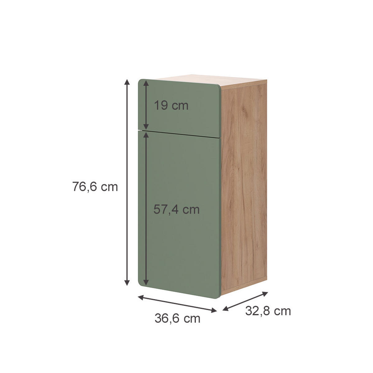 MIDISCHRANK Izan Goldkraft Eiche/Grün 36.6 x 76.6 cm mit Schublade und Tür - Honigeiche/Grün, Holzwerkstoff (36.6/76.6/32.8cm) - Vicco