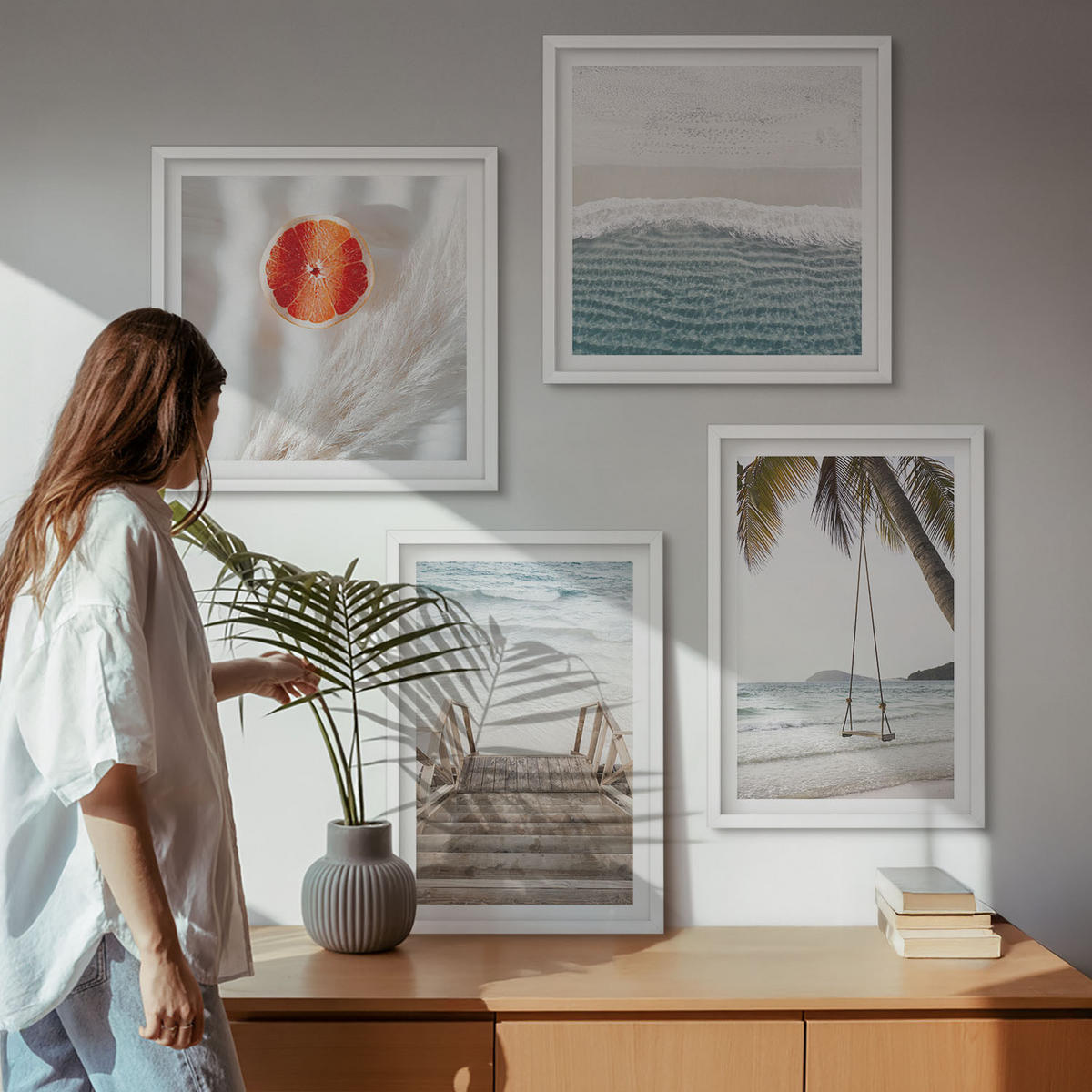 WANDBILDER 4er-Set - 50x50 cm & 40x60 cm Weißer Rahmen - Strandatmosphäre dank hölzerner Treppen. - Weiß, Kunststoff (50/50cm) - ArtPrintCave