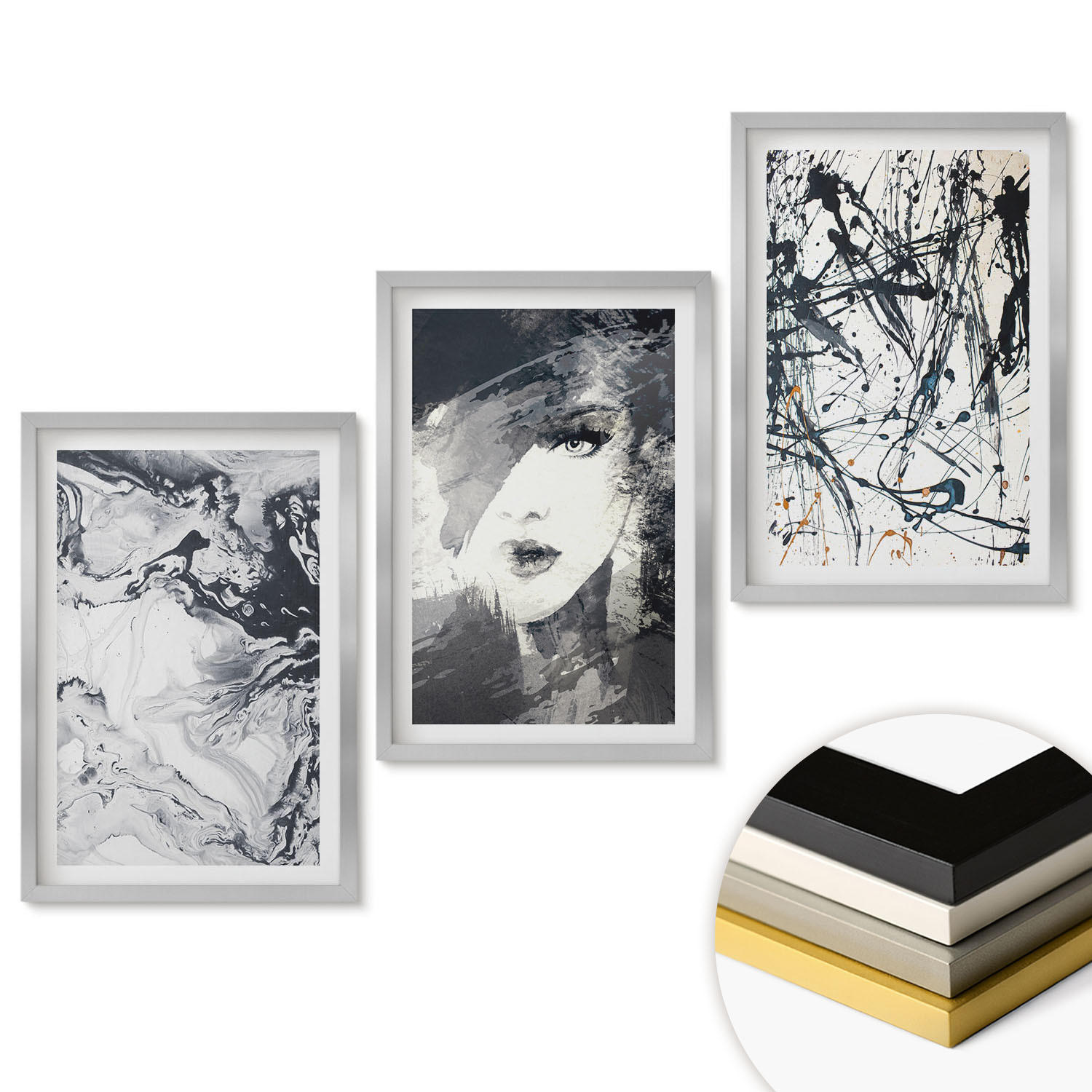WANDBILDER 3er Set - 40x60 cm Silberner Rahmen - Abstrakte schwarz-weiße Muster - Silberfarben, Kunststoff (40/60cm) - ArtPrintCave