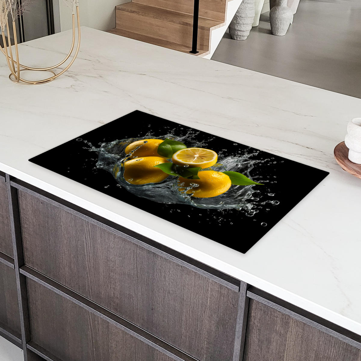 HERDABDECKPLATTE Zitrone - Obst - Gelb - Schwarz 89x51 cm - Gelb, Kunststoff (89.6/51.6/0.2cm) - MuchoWow