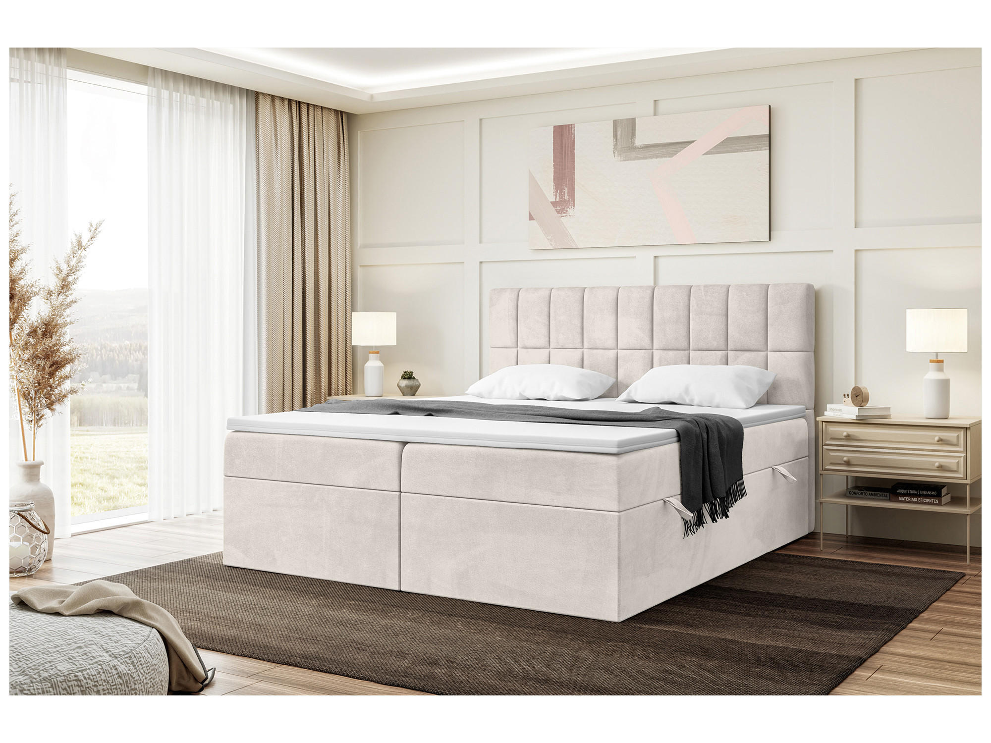 BOXBETT LUKAS 180x200 cm in Beige Samt - Beige/Schwarz, Holz/Holzwerkstoff (180/200cm) - Meblini
