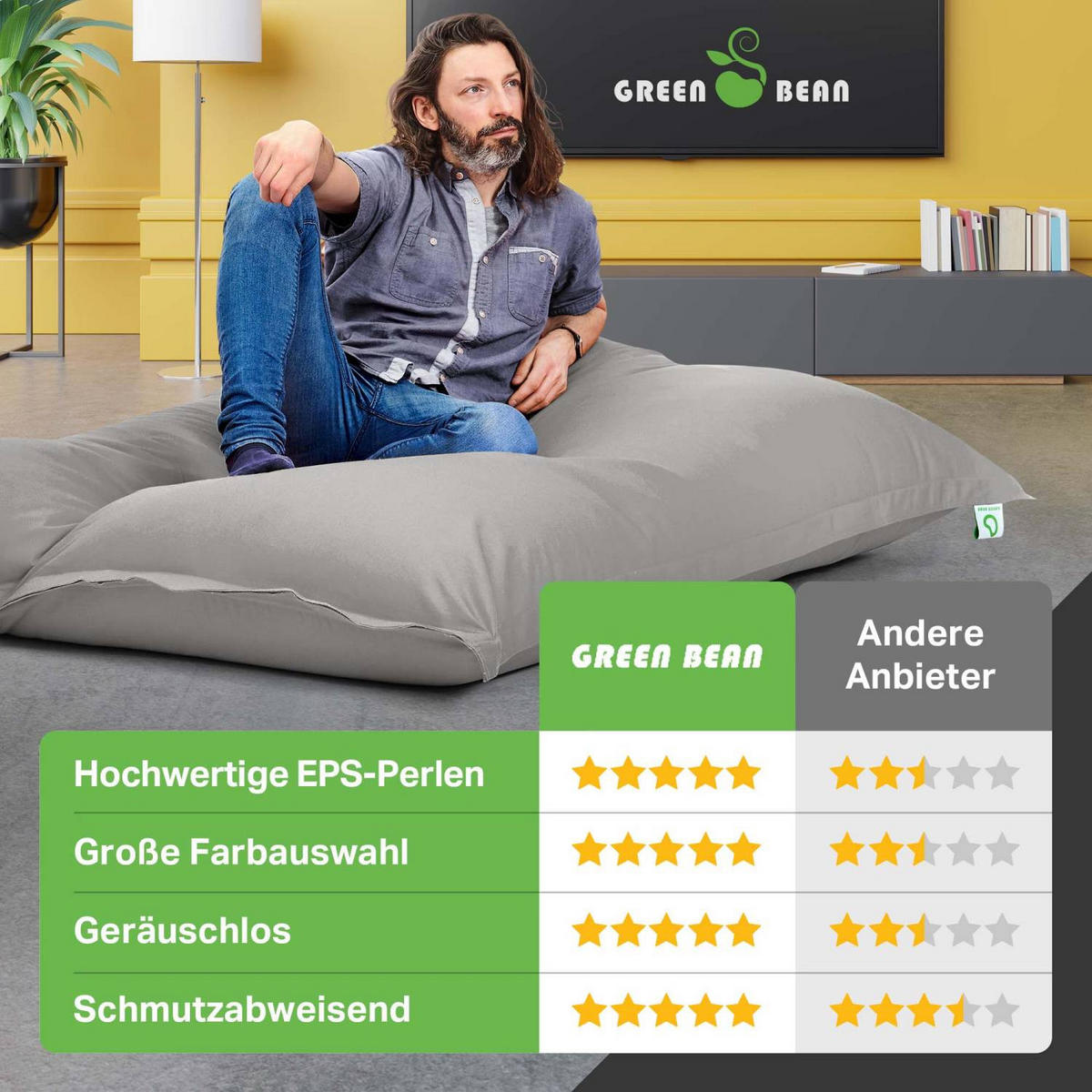 RIESEN-SITZSACK "Square" XXL - Baumwolle - Hellgrau, Textil (140/25/180cm) - Green Bean