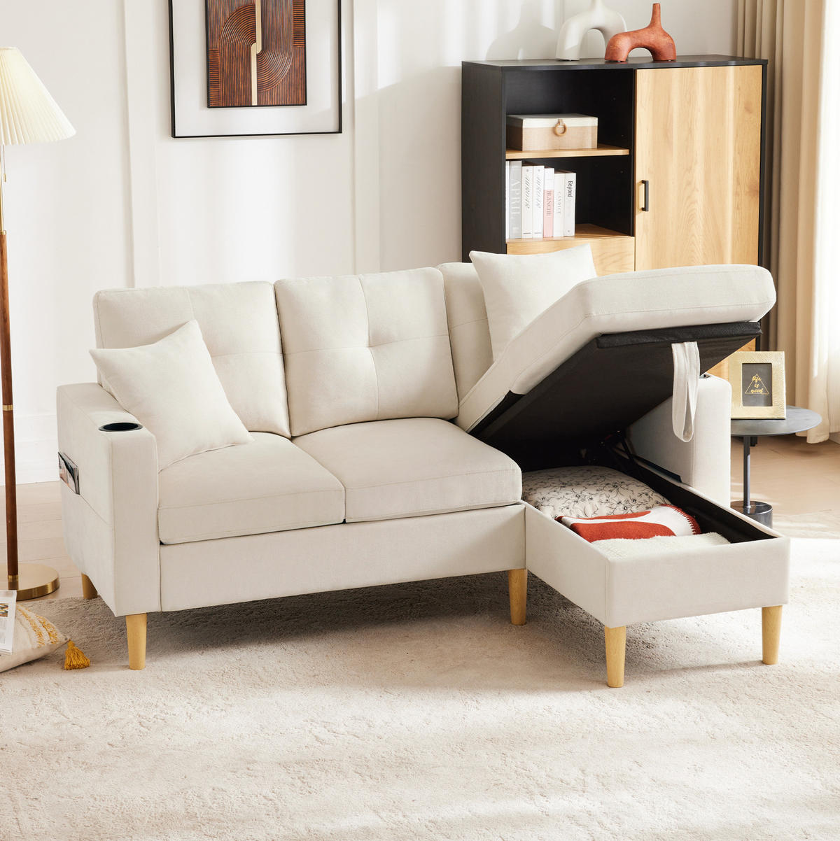 SOFA mit Chaiselongue und Stauraum 175 x 129 cm Beige 2 Kissen - Beige, Holz (129/175cm) - Meubliv