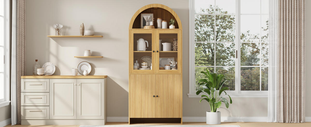 SIDEBOARD Bogen Glas Vitrine Wellenmuster - Naturfarben, Holzwerkstoff (78/176/40cm) - Fortuna Lai