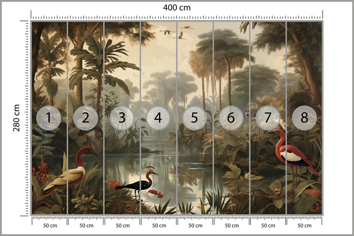 FOTOTAPETE Dschungel Tropische Pflanzen Vögel 400x280 - Gelb/Beige, Papier (400/280cm) - Muralo