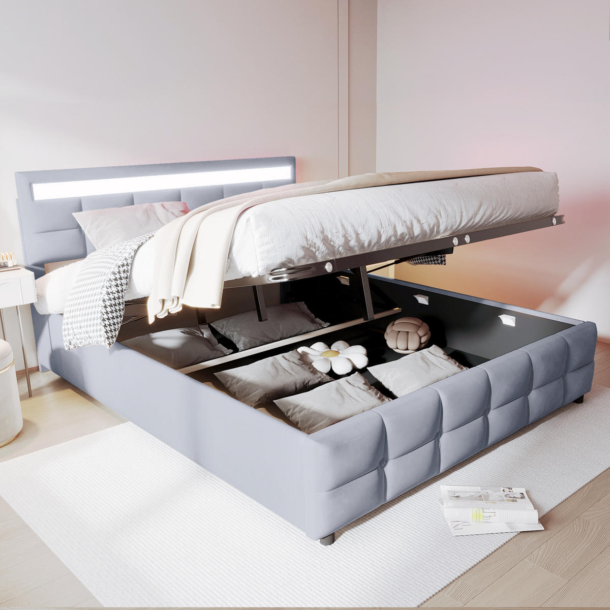 POLSTERBETT 180x200 Grau Samt LED Stauraum - Grau, Textil (180/200cm) - FLIEKS