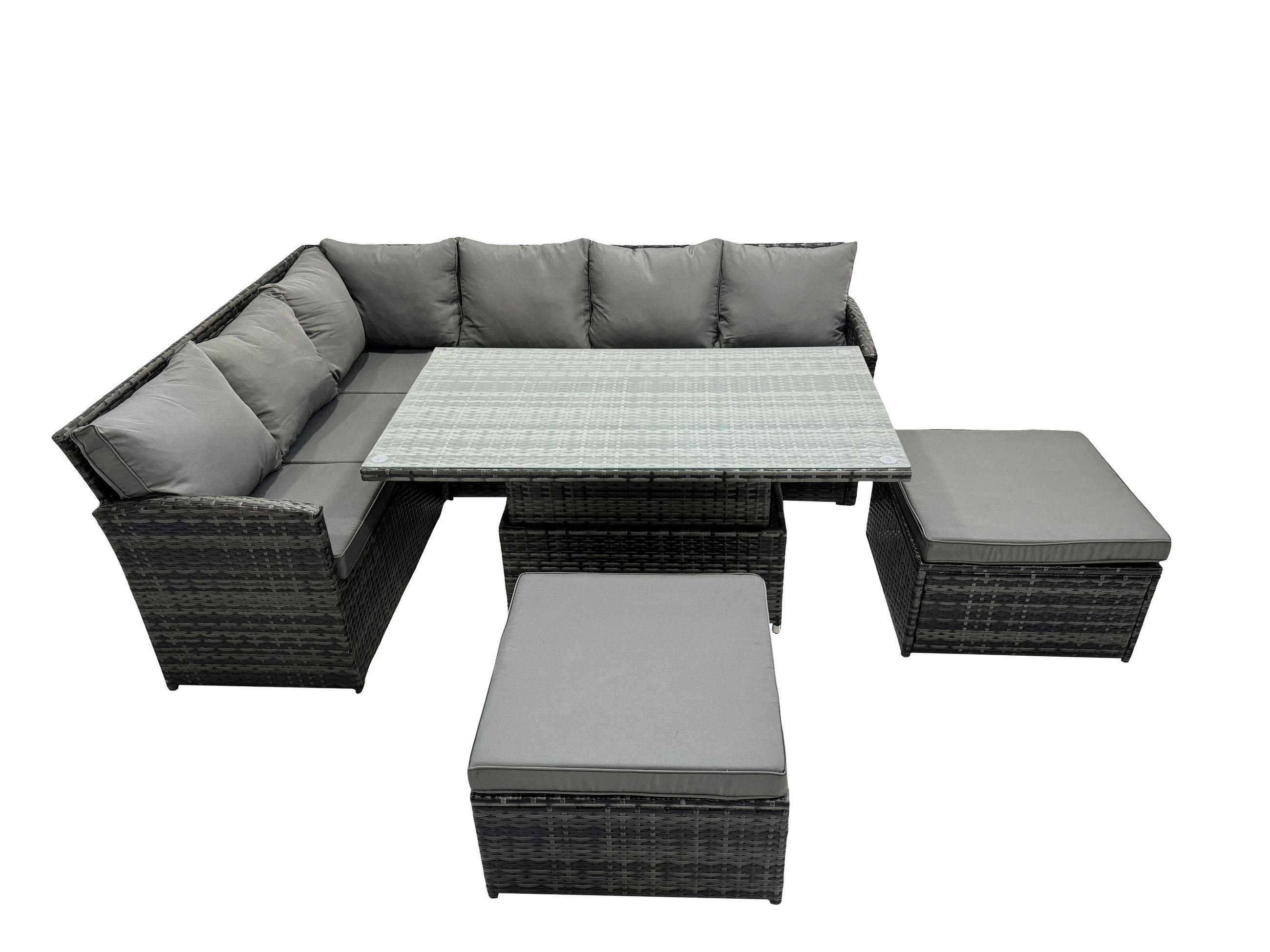 GARTENSET mit Höhenverstellbarer Tisch, 2 Fußhocker Polyrattan Dunkelgrau 8-Sitzer - Dunkelgrau/Grau, Glas/Kunststoff - Fimous