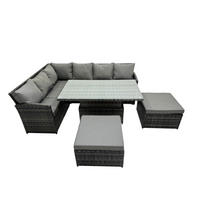 GARTENSET mit Höhenverstellbarer Tisch, 2 Fußhocker Polyrattan Dunkelgrau 8-Sitzer - Dunkelgrau/Grau, Glas/Kunststoff - Fimous