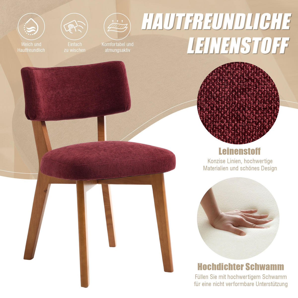 STÜHLE 2er-Set Esszimmerstuhl,Massivholz,Leinenstoff,Rotwein - Rot, Textil (47/77/54.5cm) - LVHOM