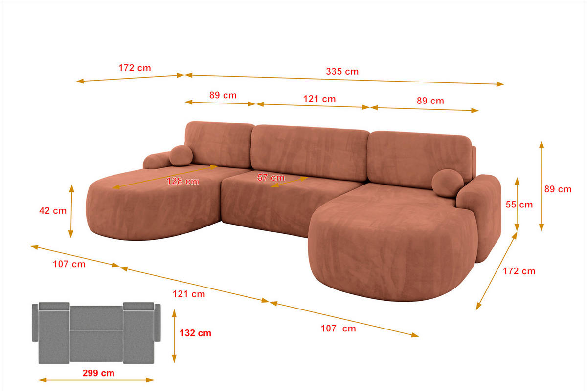 WOHNLANDSCHAFT mit Schlaffunktion und Bettkasten LIRA-U - 335x172x89 Apricot - Orange, Holzwerkstoff/Textil (335/89/172cm) - ALTDECOR