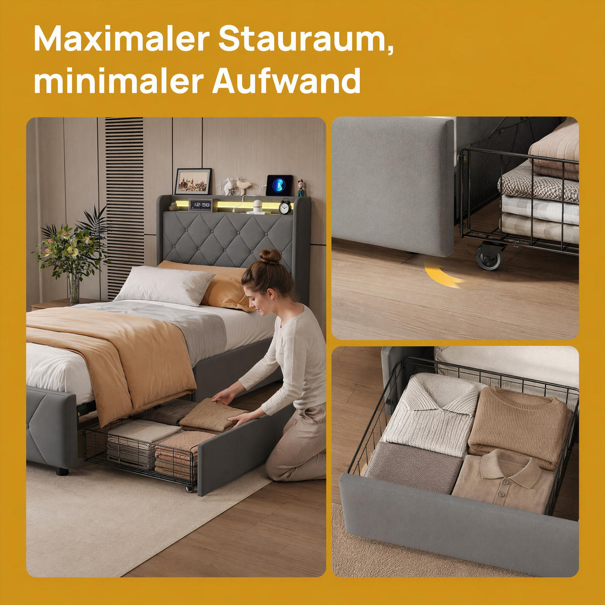 POLSTERBETT, LED-Beleuchtung Einzelbett 90x200cm mit Ladefunktion und 2 Schubladen, Samt, grau - Grau, Holz/Holzwerkstoff (90/200cm) - GENKI LIVING