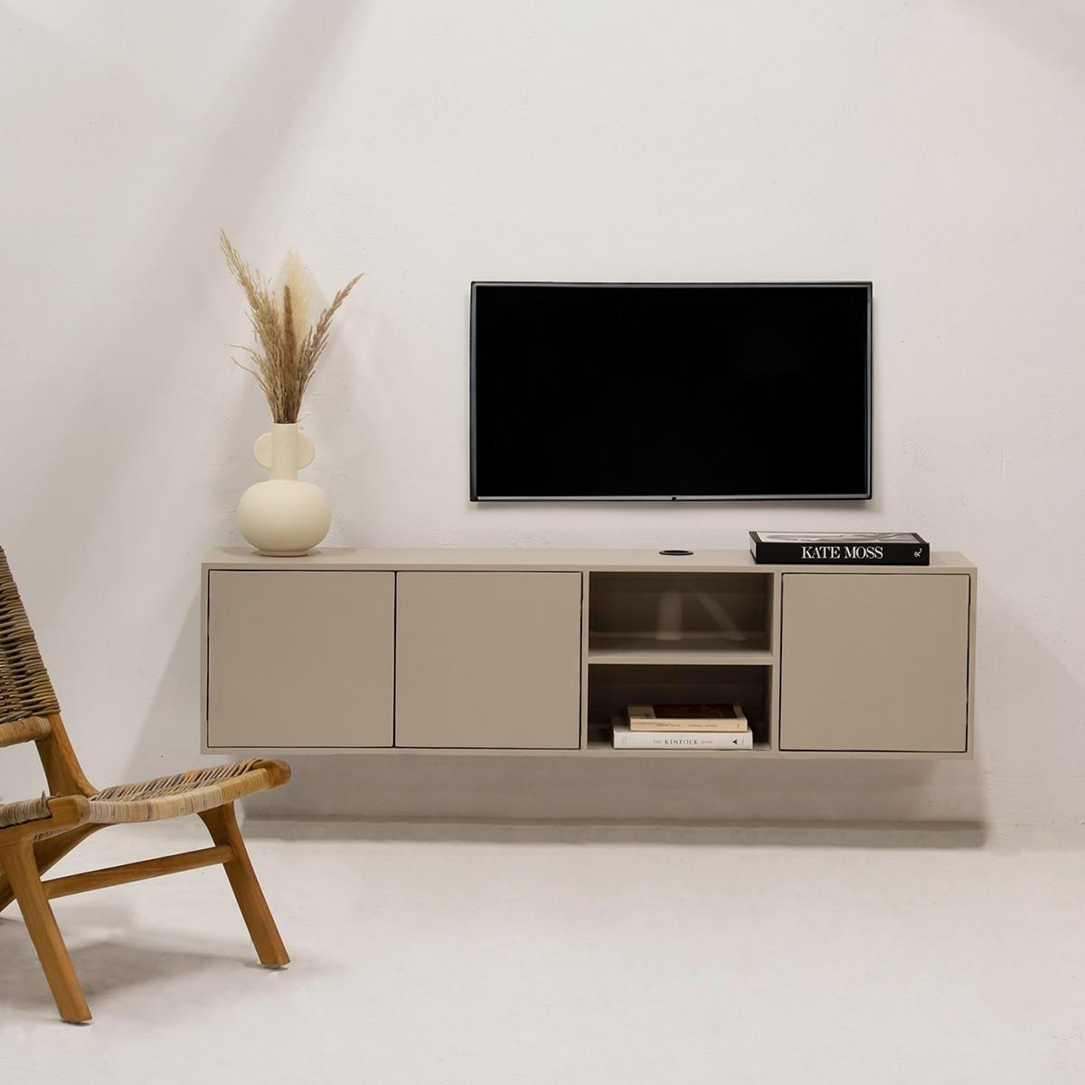 SCHWEBENDES TV-Möbel mit 3-Türen aus Mangoholz 160cm, taupe - Taupe, Holz (160/40/30cm) - Giga Meubel