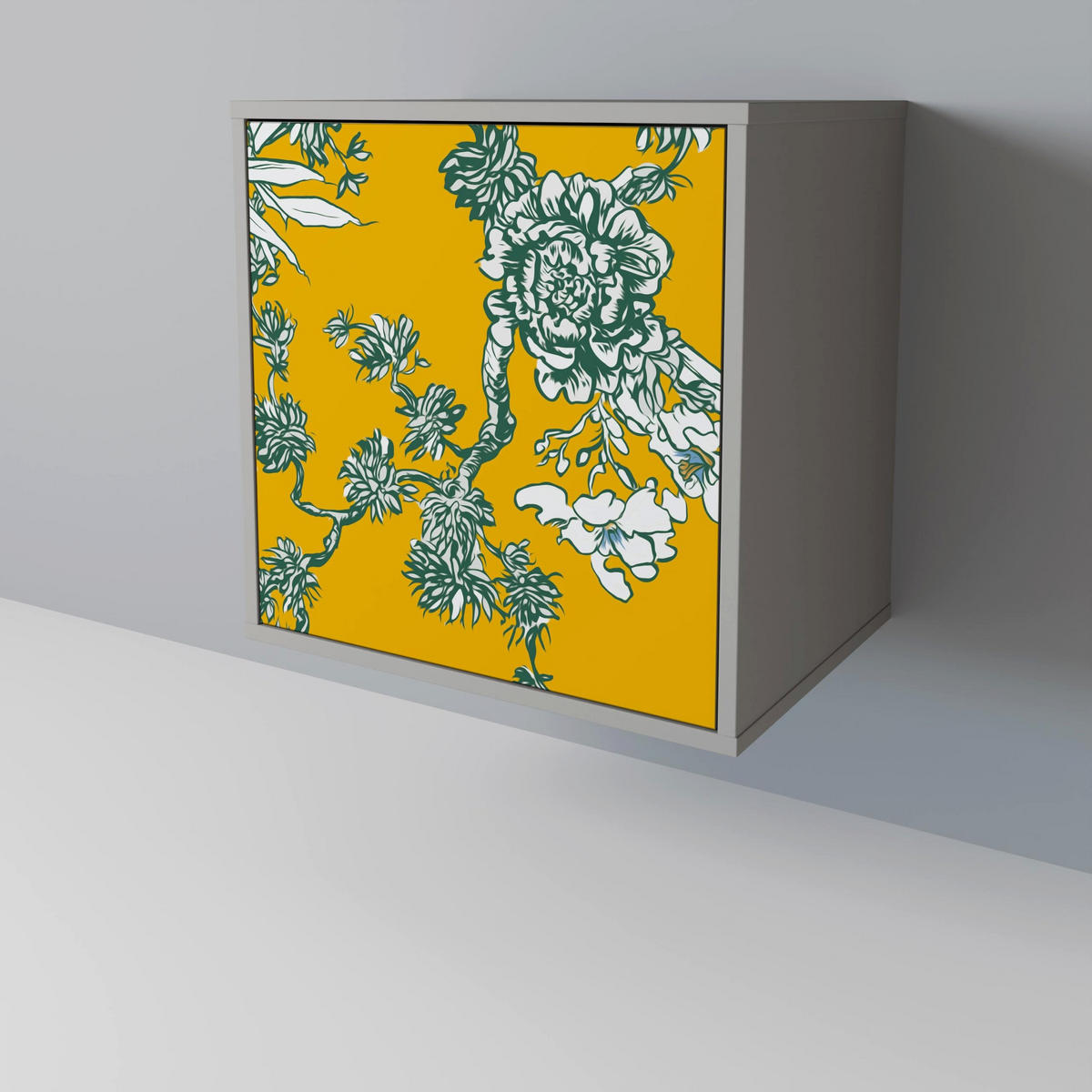 SIDEBOARD YELLOW CHINOISERIE, Grau, 57,5x42x67,5 cm, Schwarze Metall-Rahmenfüße - Multicolor/Schwarz, Holzwerkstoff/Metall (57.5/67.5/42cm) - SpaceRebels